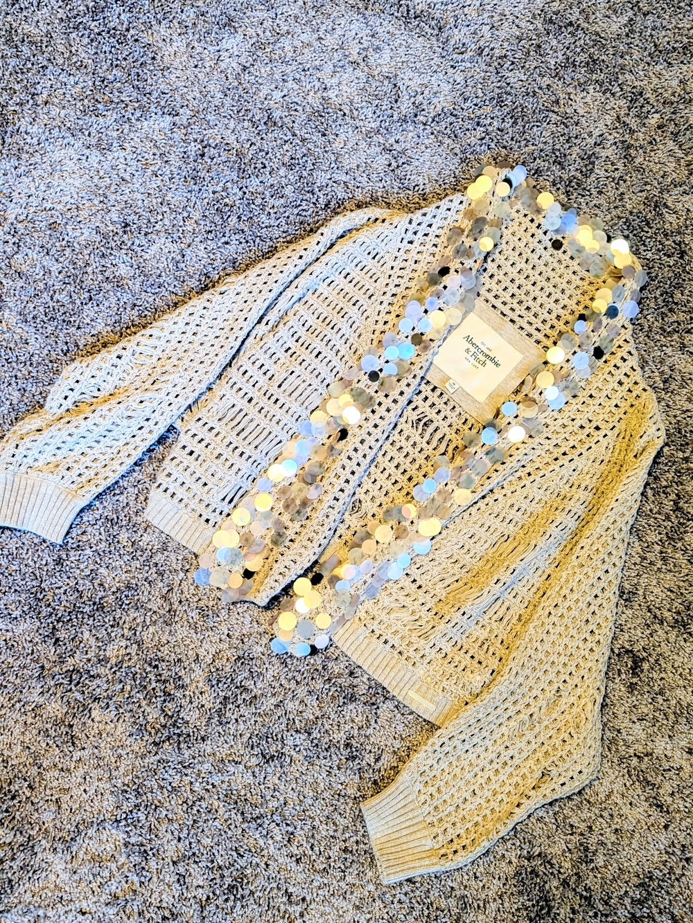 Abercrombie & Fitch Cream Open-Weave Cardigan with Iridescent Sequins